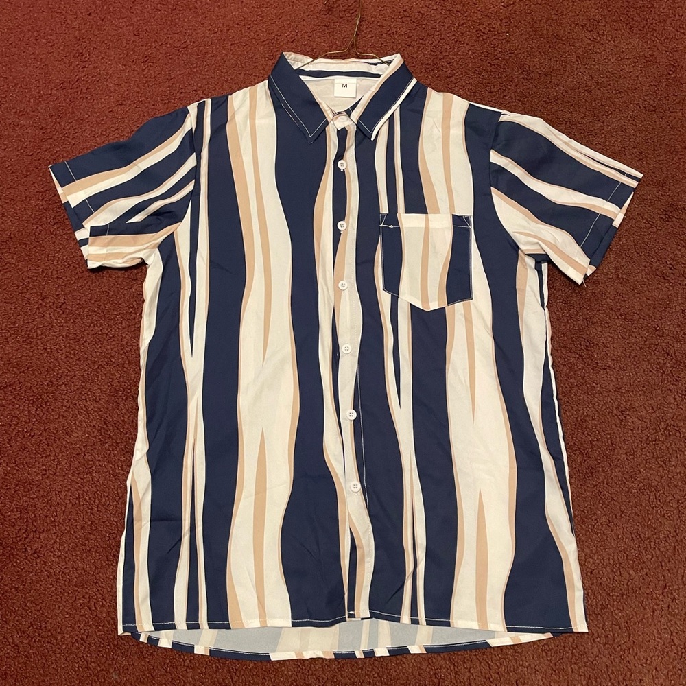 Stylish Navy and Beige Striped Men's button down Shirt